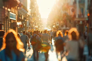 Rolgordijnen zonder boren Blurry photo of a crowded city street with people walking and cars driving. Scene is busy and bustling, with the sun shining brightly on the scene © Людмила Мазур