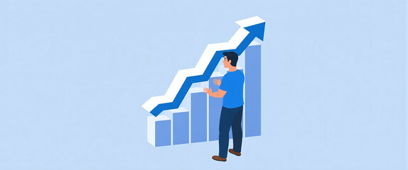 Graphic illustration of a person standing next to a block diagram, constantly growing capital and increasing profit from money deposits, success model