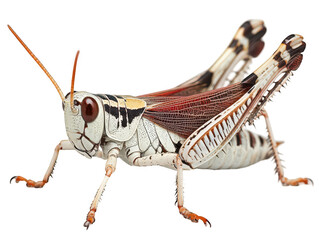 Close-up of a detailed, colorful grasshopper with intricate wing patterns and distinct body markings.