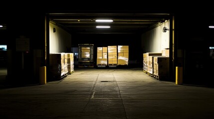 Loading dock with cargo at twilight, truck and warehouse scene