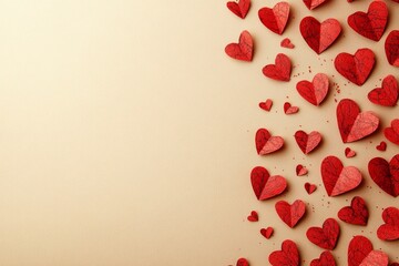 Red paper hearts scattered across a textured beige background for creative projects and decorations