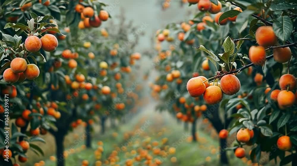 Poster this rows of orange trees stand heavy with ripe fruit, enveloped in a tranquil misty atmosphere.