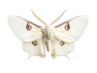 Close-up of a stunning white moth with intricate wing patterns on a white background.