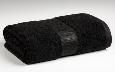 High-quality black towel folded on a white surface, focusing on the fabrics texture and softness, conveying a sense of luxury and cleanliness