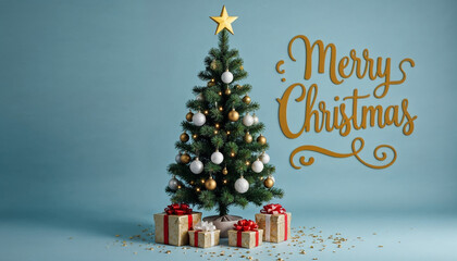 Fototapeta premium Christmas tree and christmas decorative with text Merry Christmas