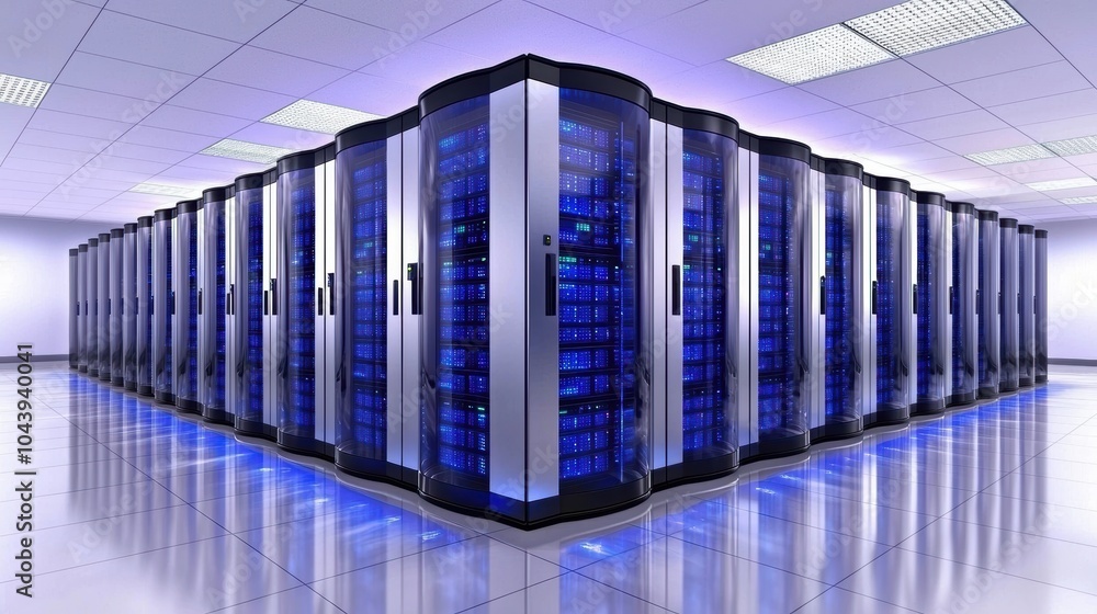 Poster high-tech server room with reflective floors and uniform rows of servers, blue light details adding 