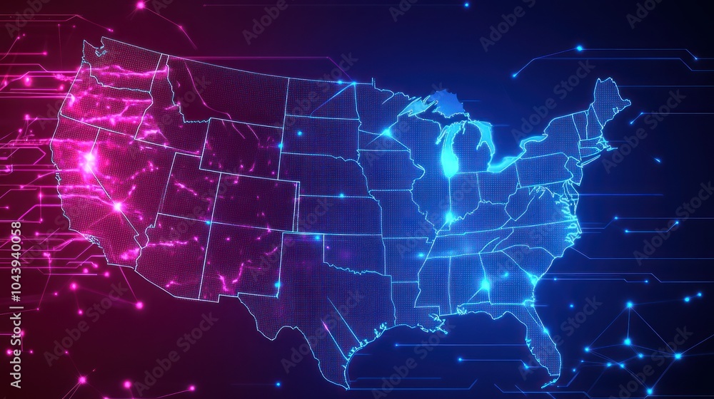 Aufkleber a digital map of the usa with glowing lines and nodes, representing data connectivity.