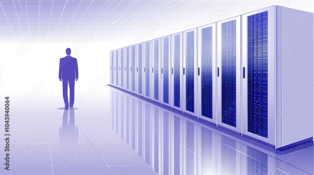 Poster high-tech server room with reflective floors and uniform rows of servers, blue light details adding 