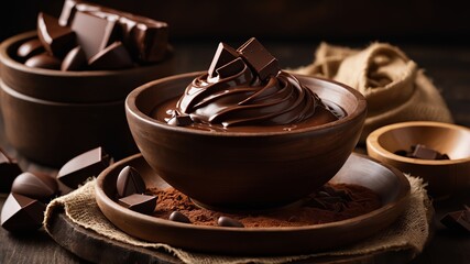 A bowl of rich, melted chocolate topped with chocolate chunks, placed on a rustic wooden table with additional pieces of chocolate nearby, creating a decadent and indulgent scene.

