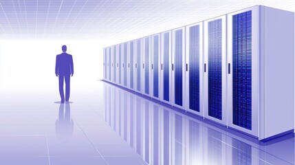 High-tech server room with reflective floors and uniform rows of servers, blue light details adding a futuristic and secure technological feel