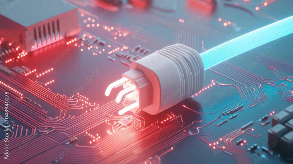 Poster illuminated network cable connection on a circuit board, with blue neon lighting creating a futurist