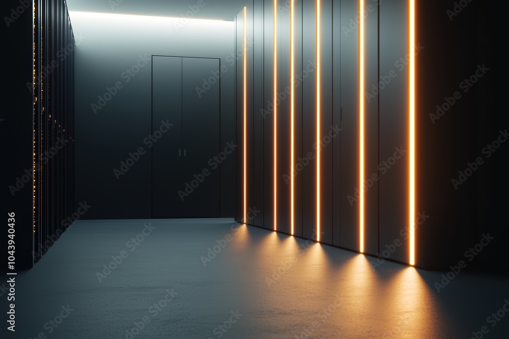 Poster long row of server cabinets in a futuristic data center, the soft blue glow of leds illuminating the