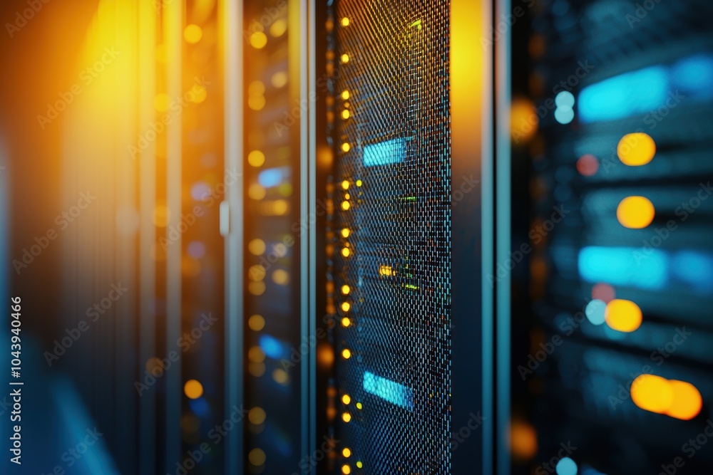 Poster long row of server cabinets in a futuristic data center, the soft blue glow of leds illuminating the