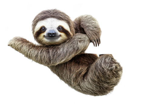 A cute, smiling sloth hanging playfully with its arms curled.