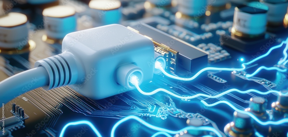 Poster macro shot of an ethernet plug connected to a motherboard, blue led lights highlighting the technolo