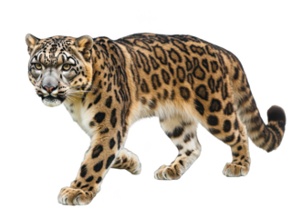 Majestic leopard with striking spots walks confidently, eyes focused.