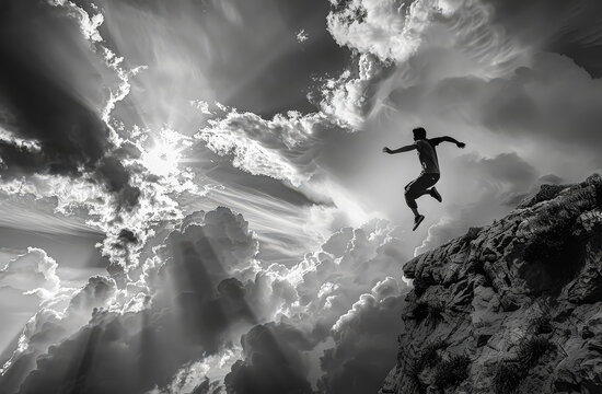 Man is jumping off a cliff into the ocean. The image is black and white and has a moody, dramatic feel to it