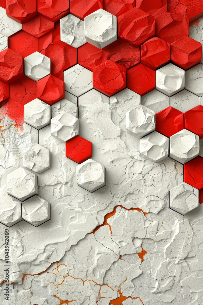 Poster an abstract design showcases interlocking red and white hexagonal shapes against a cracked, textured
