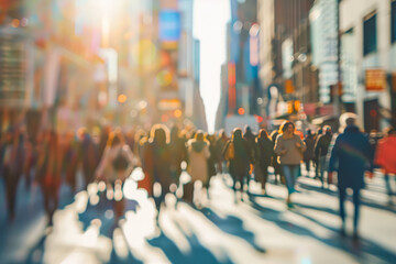 Busy city street with people walking and a blurry background. Scene is bustling and lively