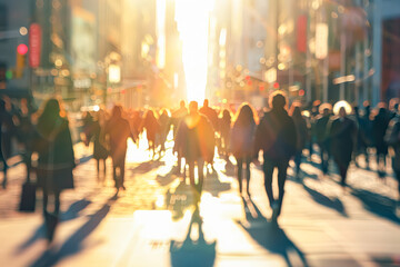 Obraz premium Busy city street with people walking and a blurry background. Scene is bustling and lively