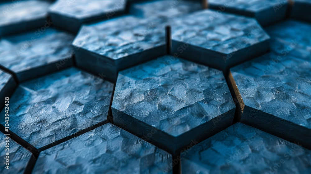Poster the design features hexagonal tiles crafted with a textured surface, showcasing a vibrant blue color