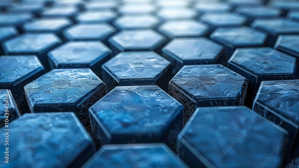 Poster this close-up displays an arrangement of blue hexagonal tiles featuring a textured surface, emphasiz