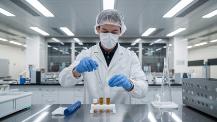 Naklejka premium Technician in sterile lab handling pharmaceutical compounds