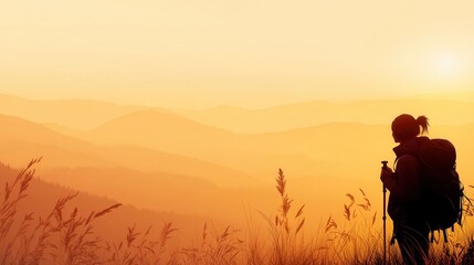 A silhouette of a hiker stands against a golden sunset, surrounded by rolling hills, evoking a sense of adventure and tranquility in nature.