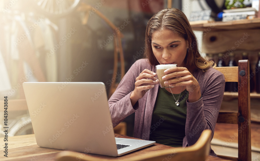 Wall mural woman, relax and laptop with remote work with coffee at thrift shop and cafe. internet, online and r