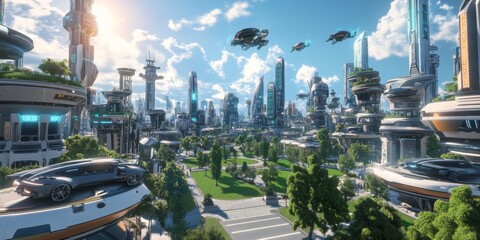 Fototapeta premium A futuristic city with tall, shiny buildings and flying cars. There's a big, green park with trees and grass in the middle. It's a cool, modern city with lots of technology.