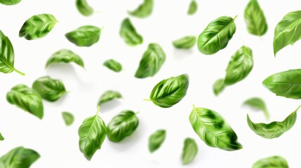 Fresh Basil Leaves Falling on White Background