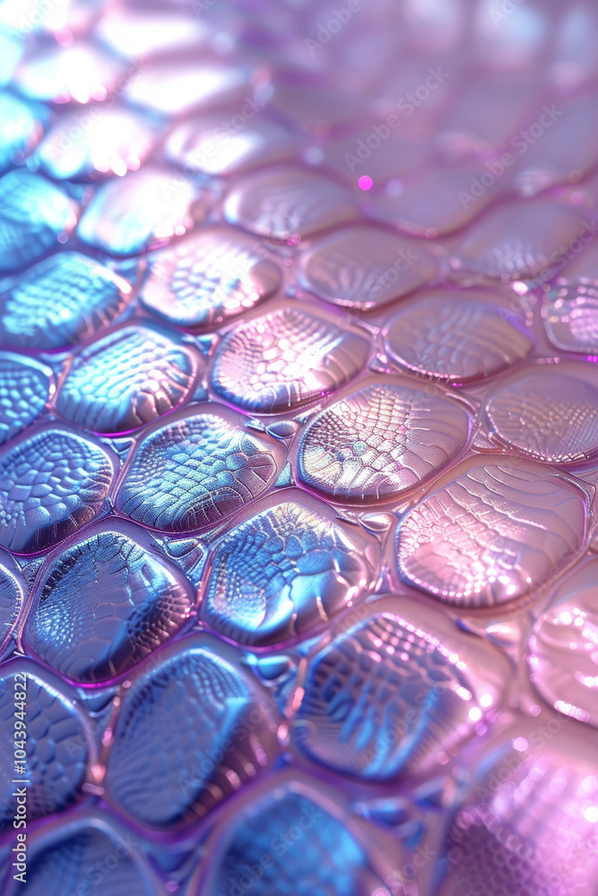 Poster a detailed view of shimmering reptilian scales showcasing a blend of iridescent blue and purple colo