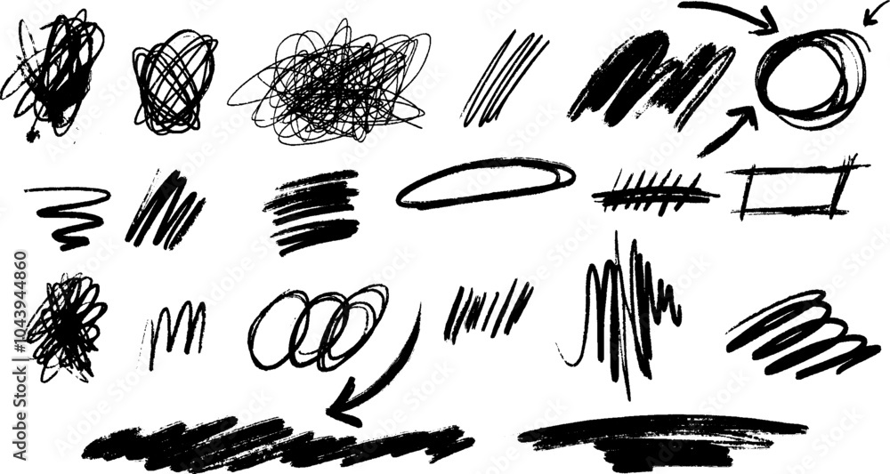 Poster Whimsical punk design featuring a messy scribble and scratch effect. Hand drawn abstract elements include stripes and swirls in brush and chalk textures.