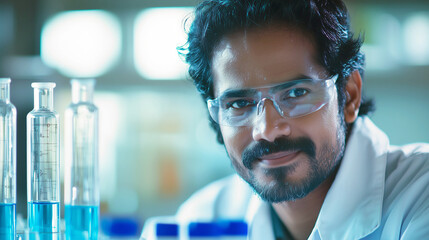 Confident Indian scientist in laboratory with safety gear and test tubes
