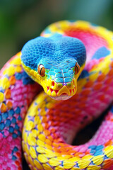 Fototapeta premium A striking snake displays an elaborate pattern of blue, green, and pink scales while coiled comfortably among the foliage, showcasing nature's vivid artistry in a tropical setting.
