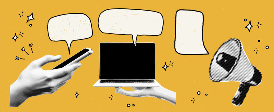 Retro halftone banner with a loudspeaker , smartphone and computer for web news and sale announcements. Vintage popart design featuring speech bubbles.