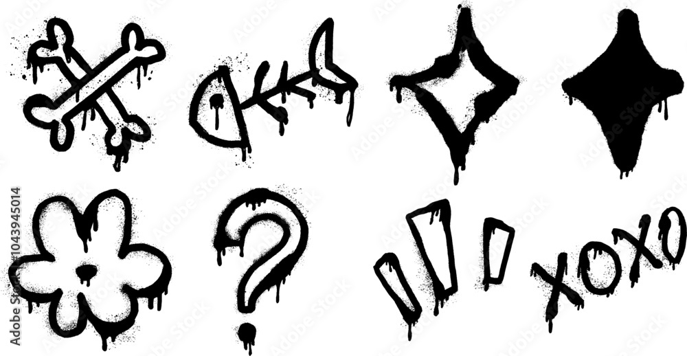 Poster urban vector art set featuring a skeleton fish, bone, sparkle, flower and question mark. this cool d