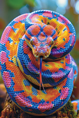 A stunning snake, adorned with bright blue, orange, and yellow patterns, gracefully coils around a branch. Its tongue flicks out as it surveys the lush surroundings, showcasing nature's beauty.