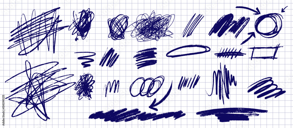 Poster vector set of hand drawn pencil and marker scribbles. messy lines, arrows, and shapes with crayon te