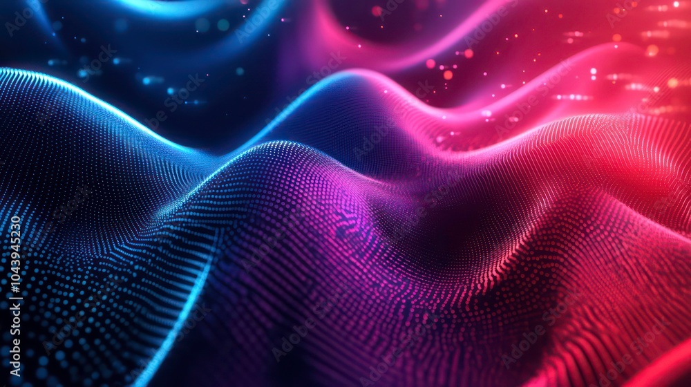 Poster Abstract digital background with glowing lines and particles in blue and red colors.