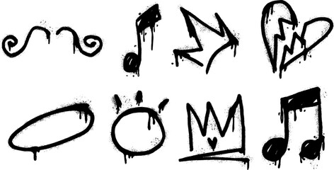 Vector art set featuring a street style graffiti of a broken heart, crown, note, oval shape and mustache.