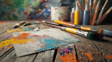 Obraz premium A vibrant artist's workspace featuring paintbrushes, colorful paints, and splattered canvases on a wooden surface.