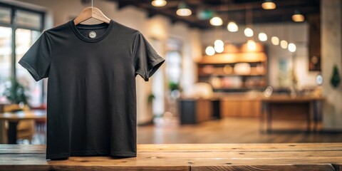 Obraz premium Black T-Shirt Mockup on Wooden Table in Cafe, T-Shirt Mockup, Cafe Mockup