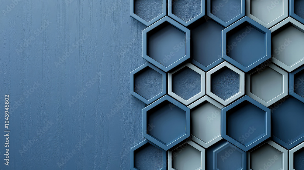 Poster the design features an intricate arrangement of hexagonal shapes in various shades of blue and gray 