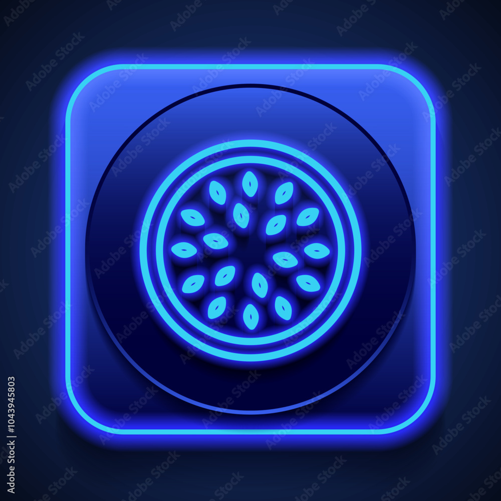 Poster watermelon round slice simple icon vector. flat design. blue neon style on button. with shadow