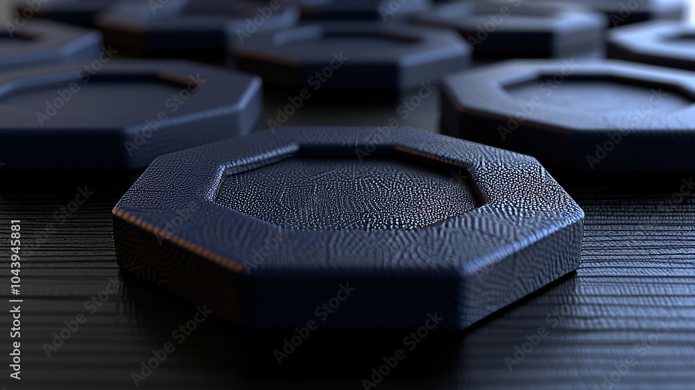 Poster hexagonal shapes with a textured surface are arranged neatly on a dark wooden table. the lighting cr