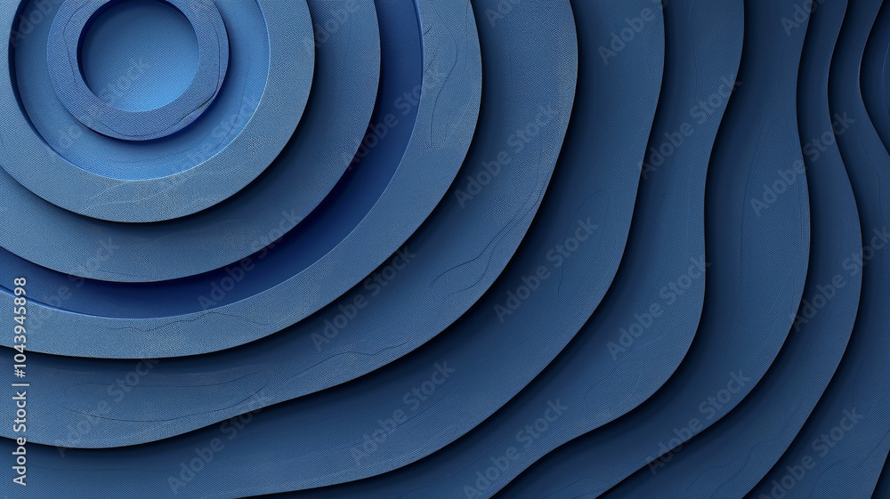 Poster the artwork showcases a series of circular wave patterns in varying shades of blue, creating an imme