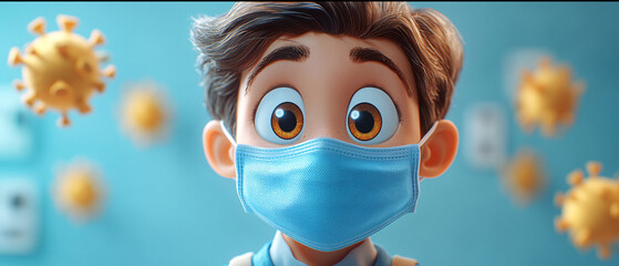 Cartoon Boy Wearing a Face Mask with Coronavirus Particles in the Background