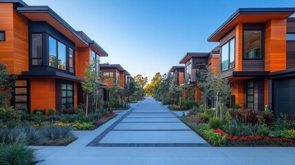 rows of modern homes designed in a contemporary style set in a vibrant residential neighborhood showcasing diverse architectural elements that attract potential buyers
