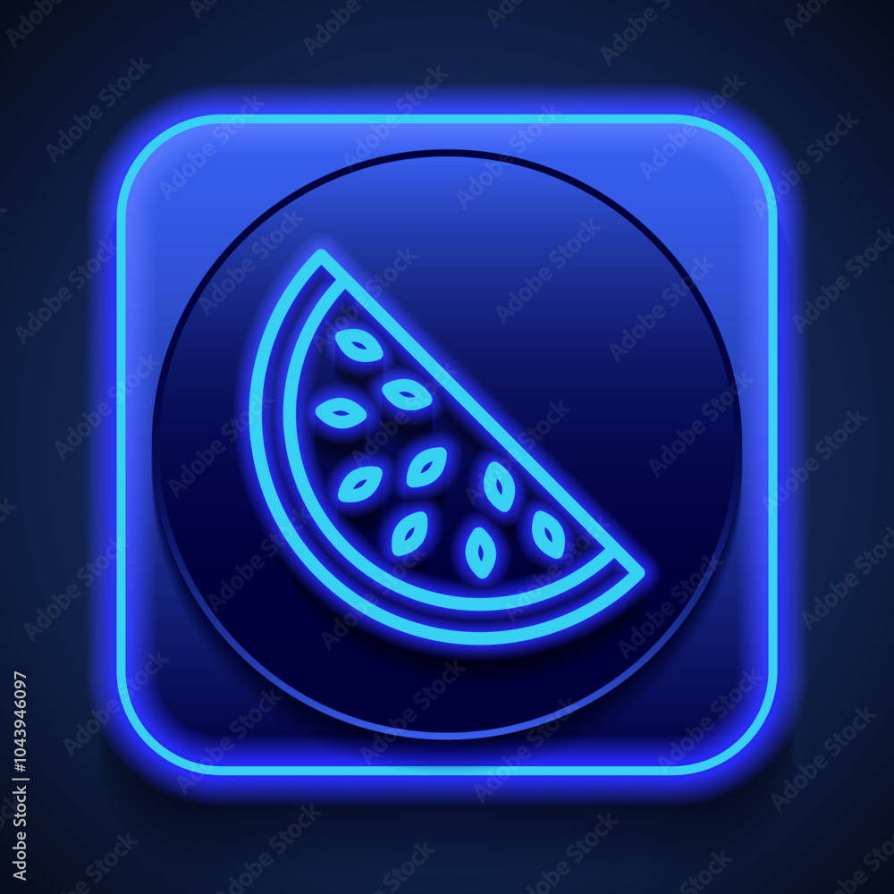 Poster watermelon half slice simple icon vector. flat design. blue neon style on button. with shadow